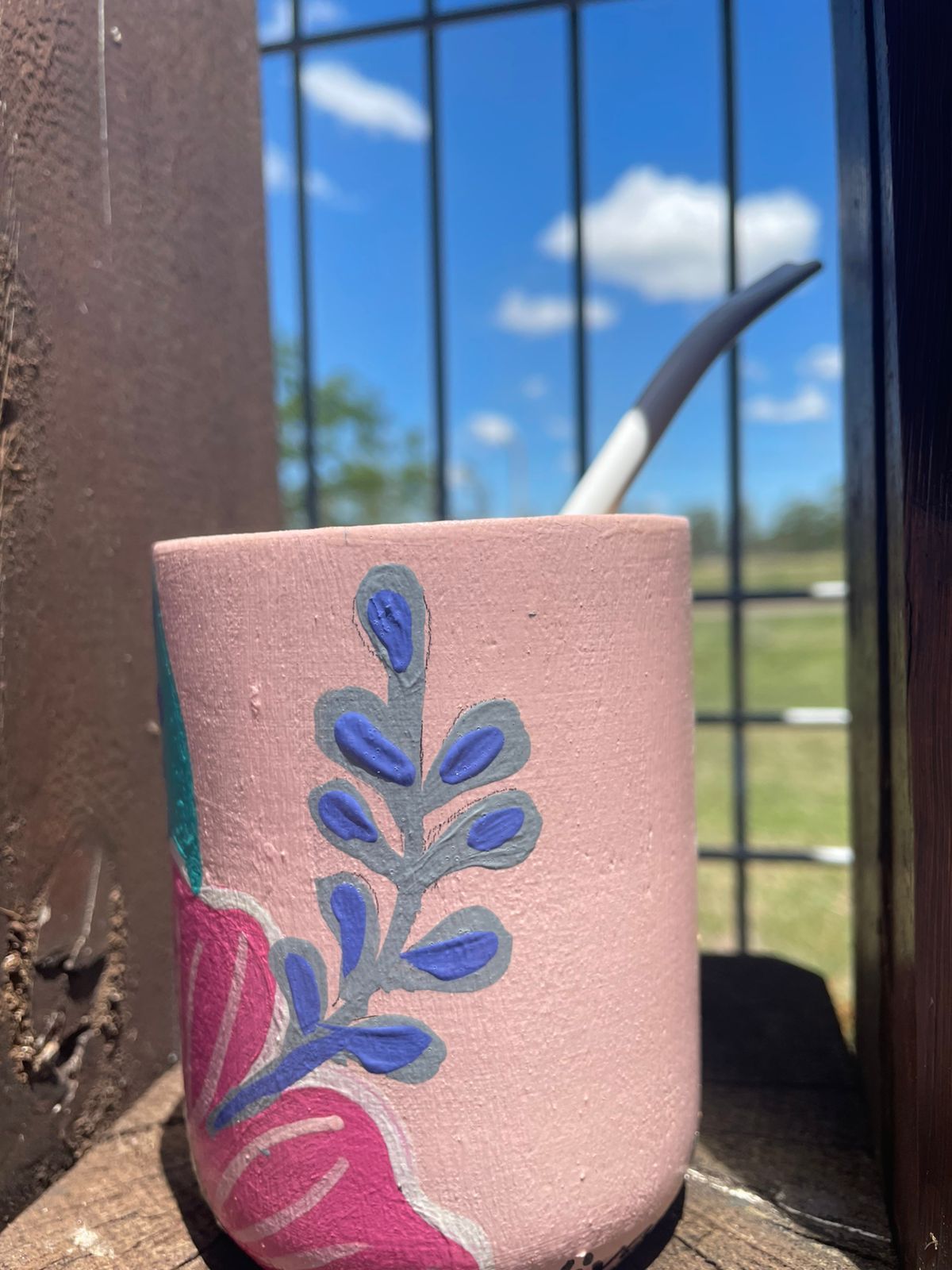 Mate flores base rosa pintado a mano