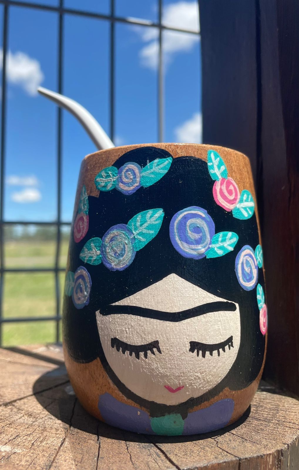 Mate Frida base natural pintado a mano